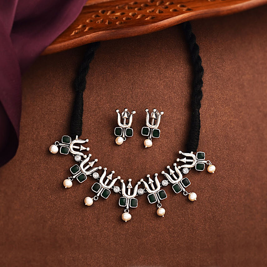 925 Silver Trishul Necklace Set