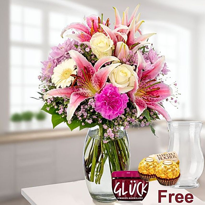 Mixed Flowers With Free Jam And Ferrero Rocher