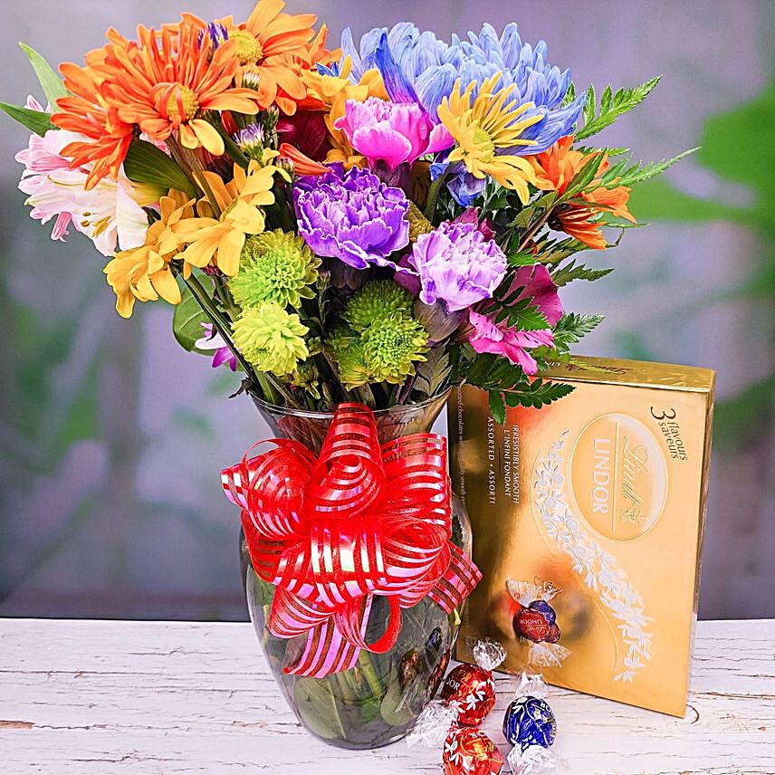 Striking Mixed Flowers Bouquet And Lindt Chocolate