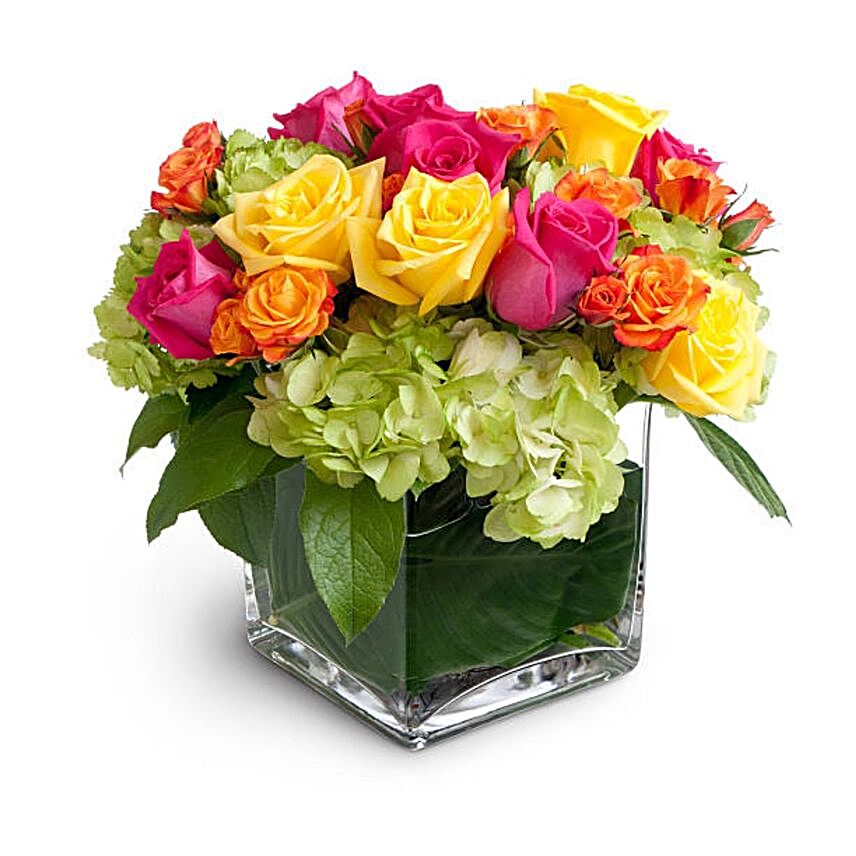 Mixed Roses And Hydrangeas Cubical Vase