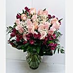 Pink Roses And Lavender Alstroemeria Vase