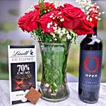 Red Roses Bunch With Lindt And Red Wine