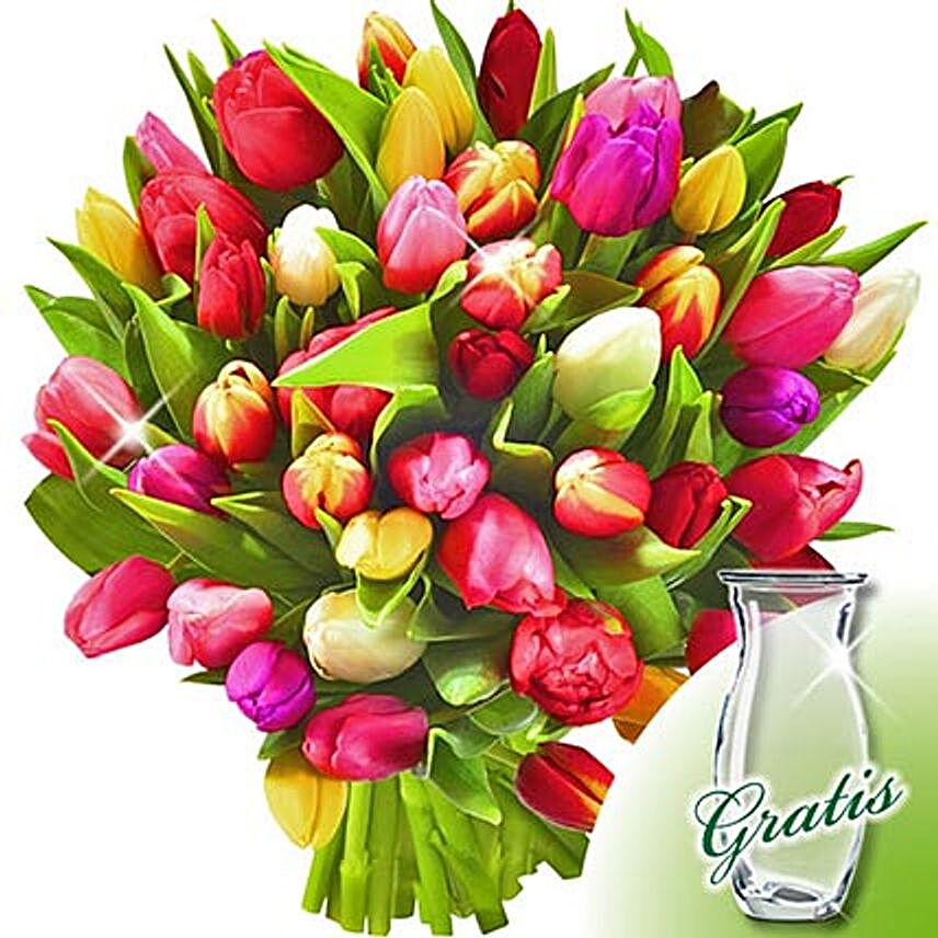 Tulips in a bunch with vas