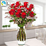 Bunch Of Red Roses N Blue Limonium With Free Vase