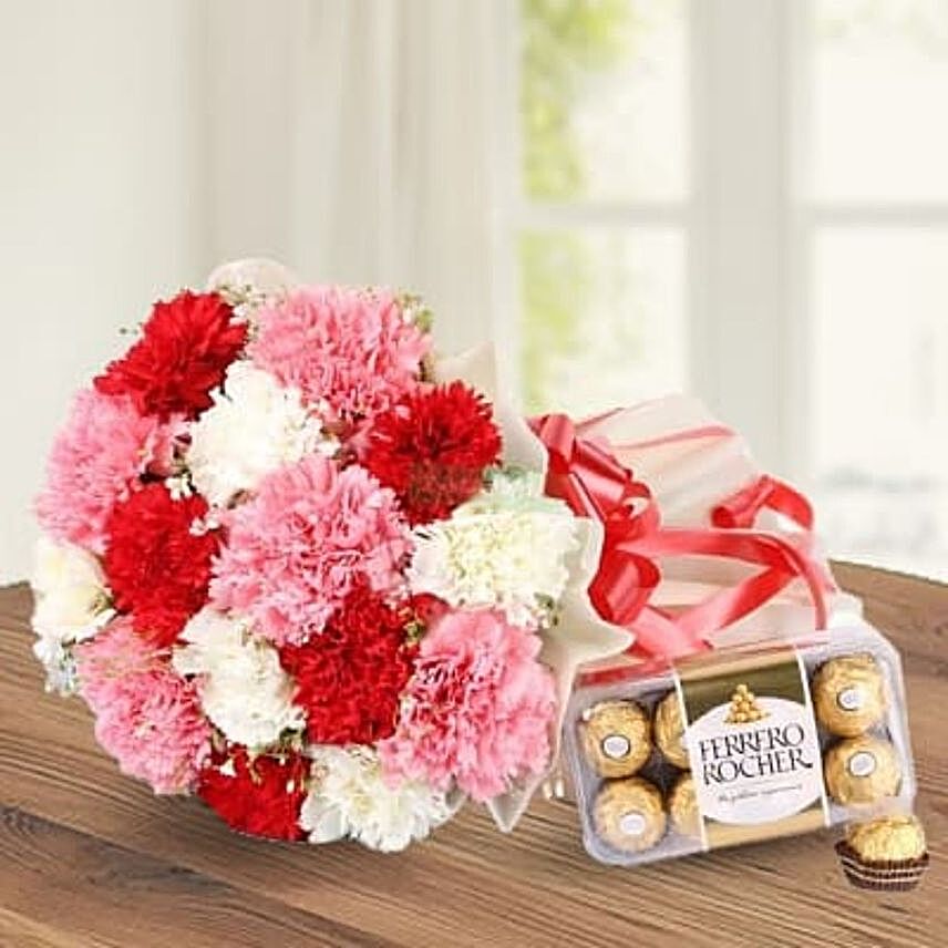 Elegant Carnations Bouquet And Ferrero Rocher