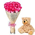 Elegant Pink Roses Bouquet And Teddy