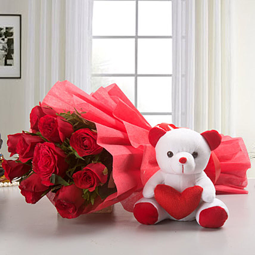 10 Red Roses Bouquet & Teddy Bear Combo