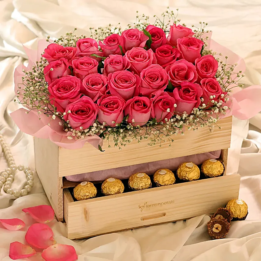 Lovely Roses & Ferrero Rocher Wooden Arrangement