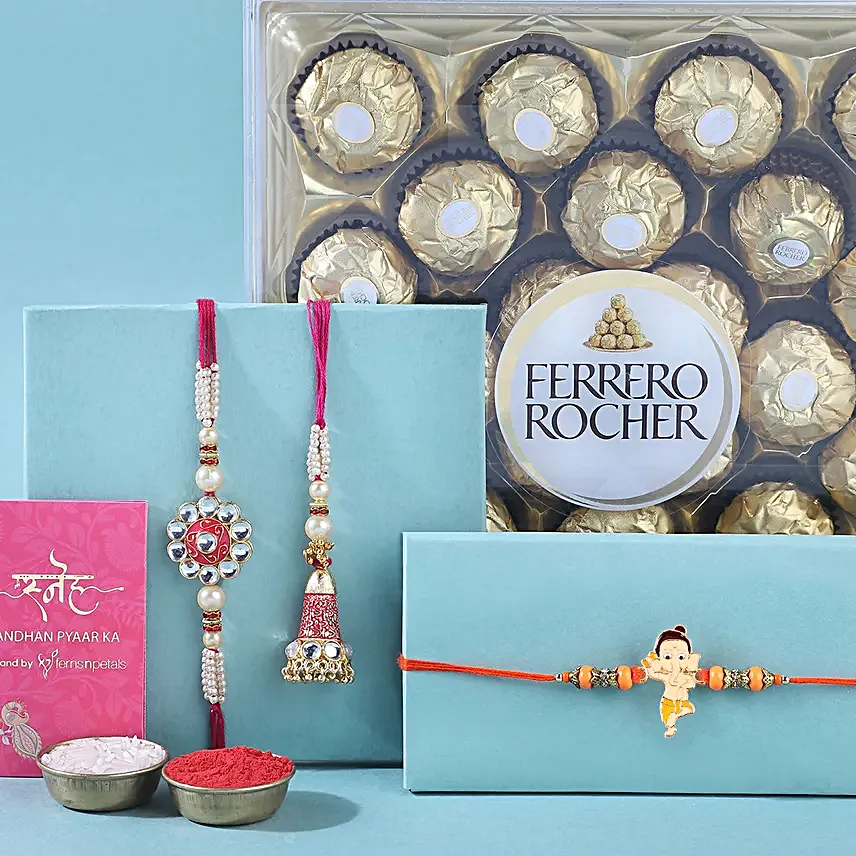 Sneh Meenakari Family Rakhi Set with Ferrero Rocher