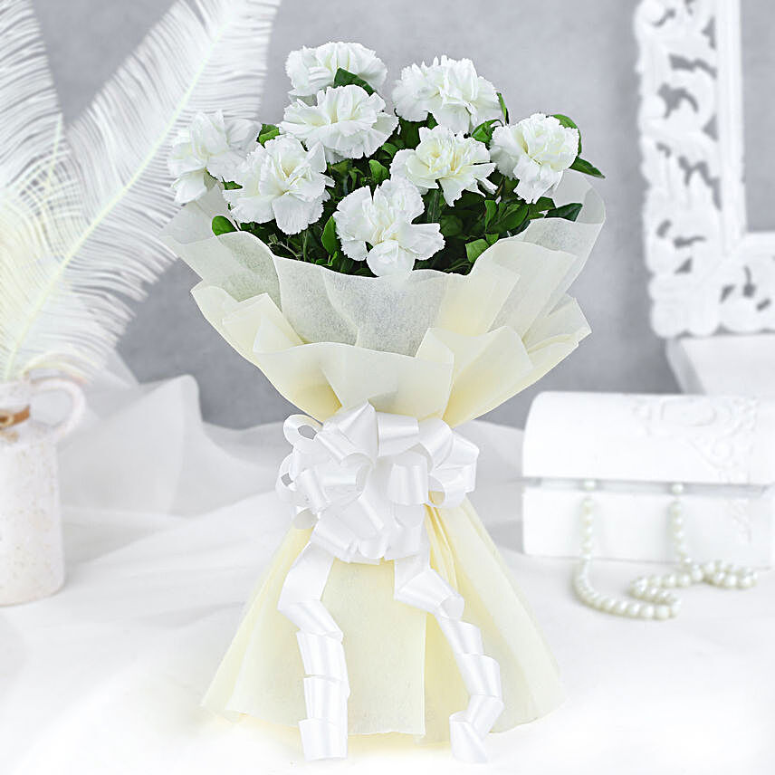 8 White Carnations Flower Bouquet - Small