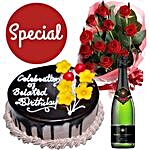Belated Birthday Cake With Wine And Red Roses Bunch