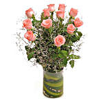 12 Long Stem Roses In Glass Vase