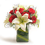 Red Roses & White Lilies Glass Vase