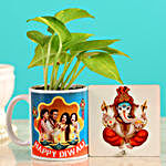 White Mug Money Plant With Ganesha Table Top