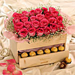 Lovely Roses & Ferrero Rocher Wooden Arrangement