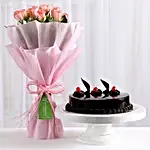 Chocolate Truffle Cake and Pink Roses Bouquet