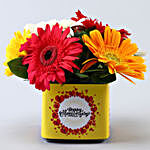 Mixed Gerberas In Yellow Anniversary Vase