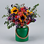 Vibrant Mixed Flowers Green Jar
