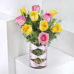 Pink & Yellow Roses Vase with Truffle Cake