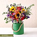 Vibrant Mixed Flowers Green Jar