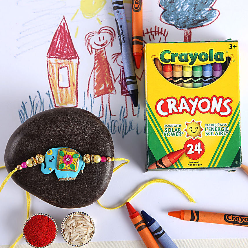 Sneh Cute Elephant Rakhi & Crayola Set