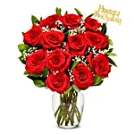 One Dozen Red Roses with Birthday Pick