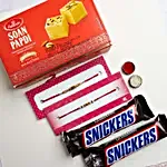 Sneh White Golden Pearl Rakhi Set With Soan Papdi & Snickers
