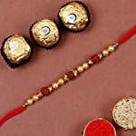 Golden Red Rudraksh Rakhi And 3 Pcs Ferrero Rocher