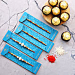 Pearl Studded And Mauli Rakhis Set Of 4 With 3 Ferrero Rocher
