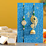 Peacock Feather Jhumki Lumba Rakhi Set With Kaju Katli
