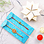 Lion Face And Auspicious Om Pearl Rakhi Set With 340 Gms Kaju Katli