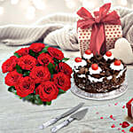 Red Roses Bouquet And Black Forest Cake