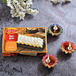 Floral Diyas With Greeting Card And Kaju Katli