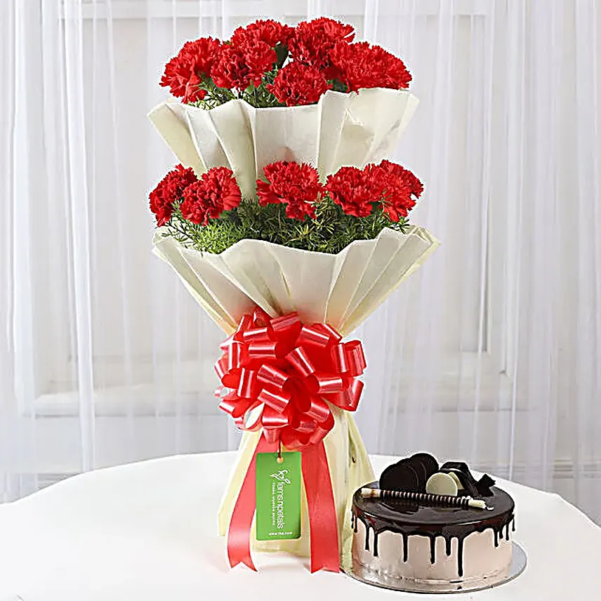 Two Layer Red Carnations Bouquet N Chocolate Cake Combo