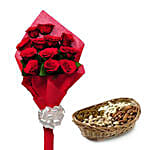 Best wishes for you - One sided Bunch of 12 Red Roses in red color paper packing and 250gm mixed dryfruits in a cane basket.