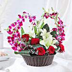 Red rose, purple orchid, white asiatic lily arrangement
