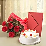 Roses N Cake Hamper - Bunch of 6 Red Roses, 500gm Pineapple Cake with Greeting Card.
