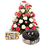 Bright Hues Hamper - Basket arrangement of 40 mix colour flowers, 200gms ferrero rocher and half kg chocolate cake.