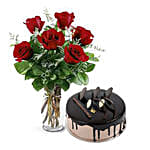 Cute Love - 6 red roses in a glass vase with 500gm chocolate cake.