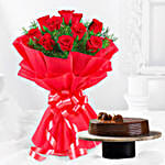 Red Rose with Cake - Bouquet of 10 red roses and 500 grams of chocolate truffle cake.