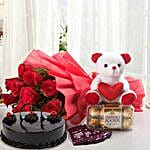 Some One Special - Bunch of 12 Red Roses with 5 cadbury chocolates, Soft toy, Ferrero Rocher and 500gm Chocolate Cake.
