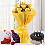 Roses N Choco Hamper - Bunch of 6 Yellow Roses with Chocolate Cake, 5 Cadbury Chocolates & Soft toy.