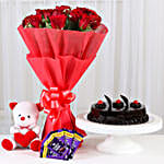 Sweet Combo For Sweetheart - Bunch of 15 Red Roses in paper packing With 6inch Soft toy, 500gm Truffle & 5 cadbury (14gm each).