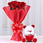 Flowerly and Fluffily Yours - Gift hamper of 6 Red Roses along with 1 small . gifts