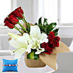 Online Delightful Flowers Vase Arrangement & Rakhi