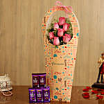 Pink Roses In FNP Love Sleeve and Cadbury Dairy Milk