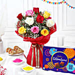 Gulal, red rose bouquet, gujia, cadbury celebrations hamper