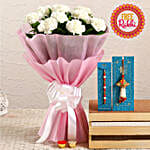 Free Pearl Lumba Rakhi Set With White Carnations Bunch