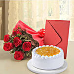 Roses N Cake Hamper - Bunch of 6 Red Roses, 500gm Pineapple Cake with Greeting Card.