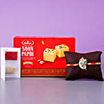 Alluring Rose Gold Ganesha Rakhi With Soan Papdi